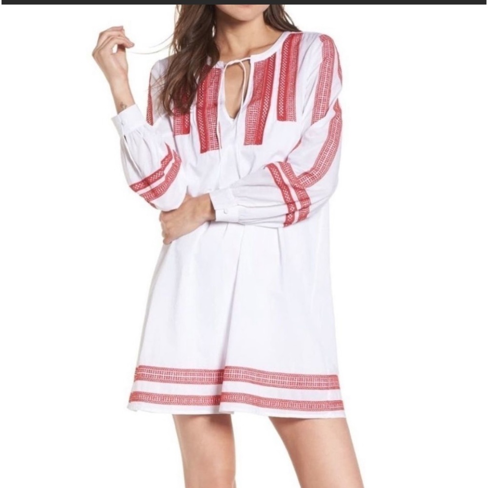 Hinge Embroidered Lace Mini Dress in white with red  embroidery NWT